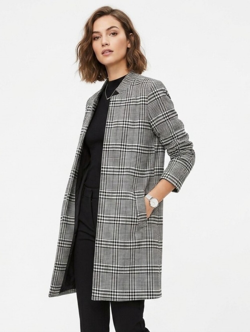 Carolina Belle Glen Plaid Top Coat Black White Large